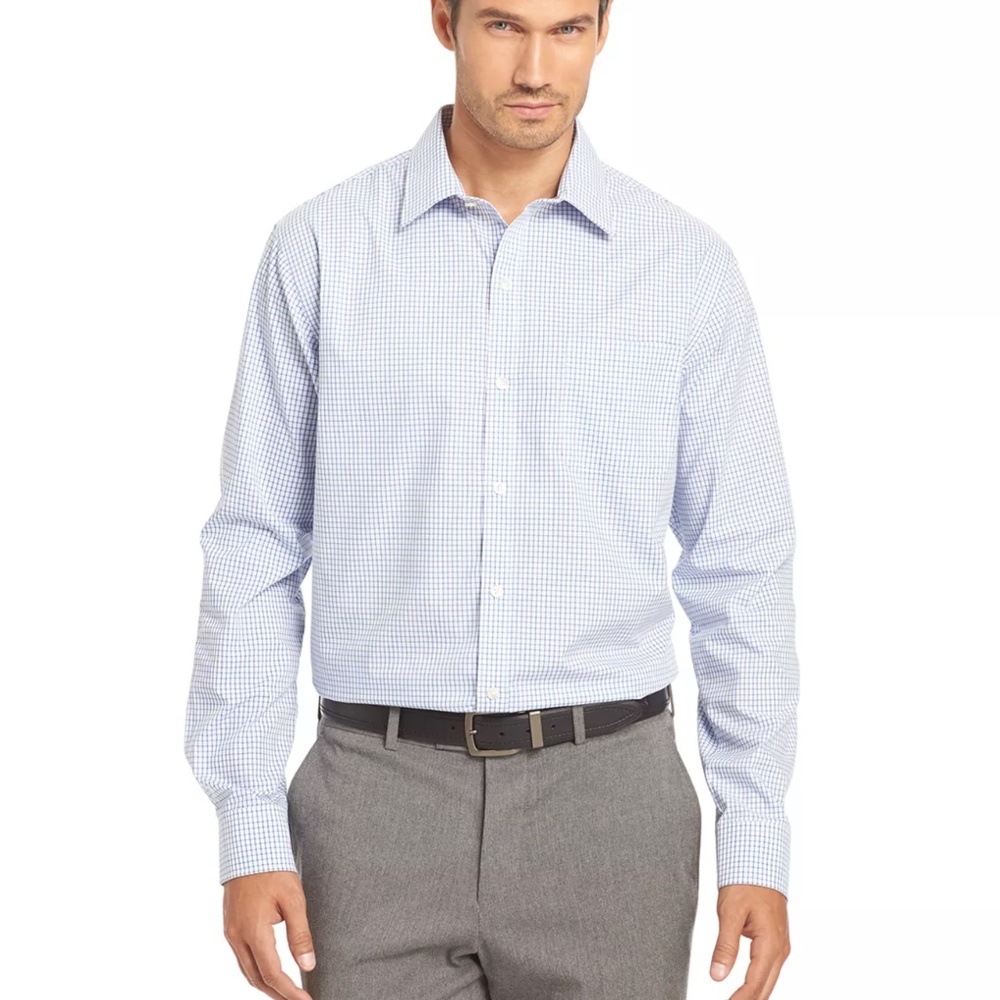 Van Heusen Traveler Light Blue Plaid Dress Shirt 👔 Men’s L (16/16½)